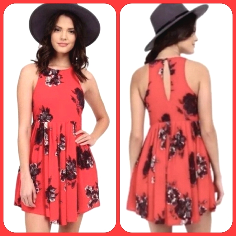 Free People "Flutterby" Red/ Black Floral Mini Dress